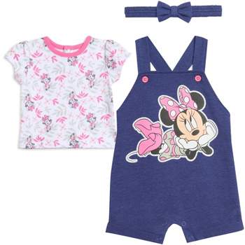 Disney Minnie Mouse Baby Girls French Terry Short Overalls T-Shirt and Headband 3 Piece Outfit Set Newborn to Toddler