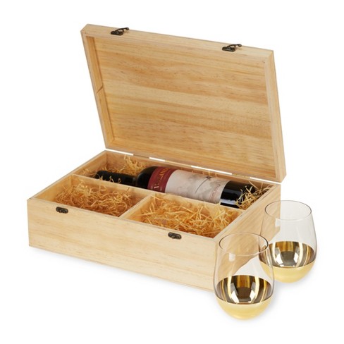 Twine Wine Bottle Gift Box - Wood Wine Box With Lid, 2 Stemless Wine  Glasses, And Packing Straw - Holds 1 Standard Bottle Of Champagne Or Wine :  Target