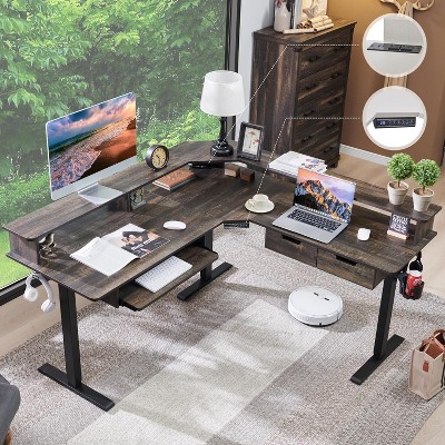SinCiDo 60" L-Shaped Electric Standing Desk, Height Adjustable Corner Gaming Desk w/ Power Outlets, LED Lighting & 2 Drawers