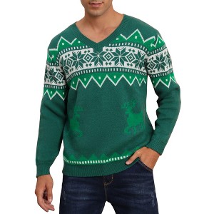 BLUEMING Men's Christmas Sweaters Reindeer & Snowflake V-Neck Sweater Thermal-Lock Knit Holiday Pullover - 1 of 4