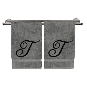 BC BARE COTTON Monogrammed Hand Towel, 100% Turkish Cotton - Set of 2 - Gray - Black Script - 1 of 4