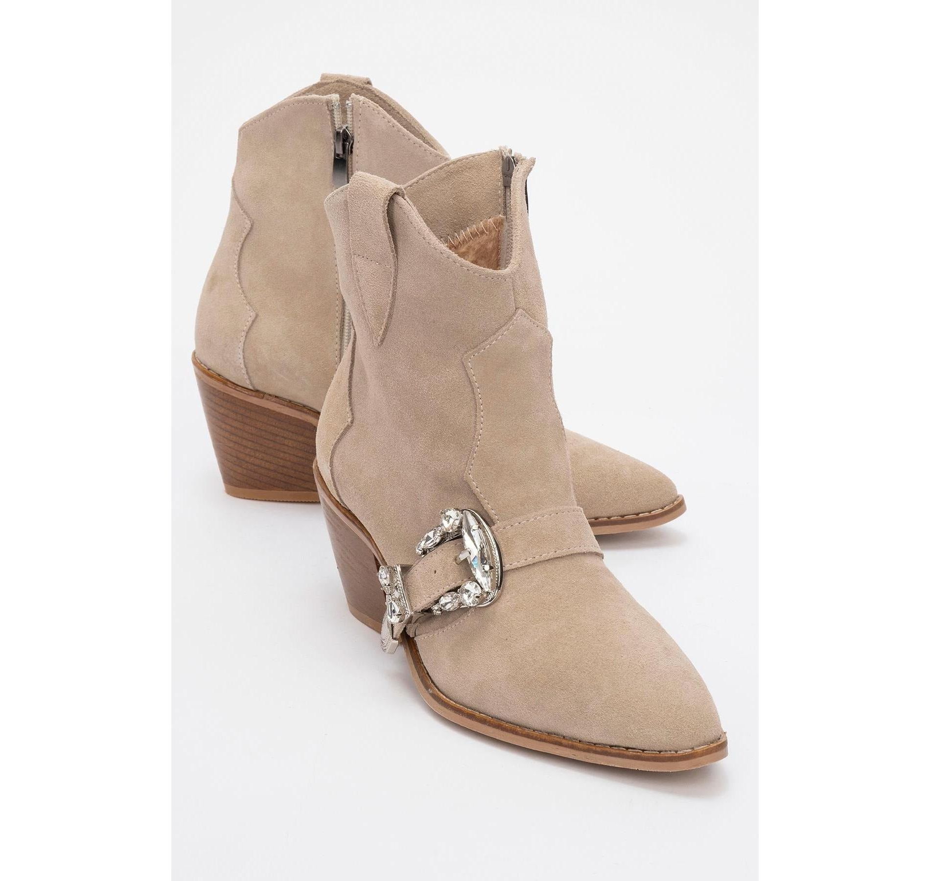 Any Beige Leather Jeweled Boot (Women)