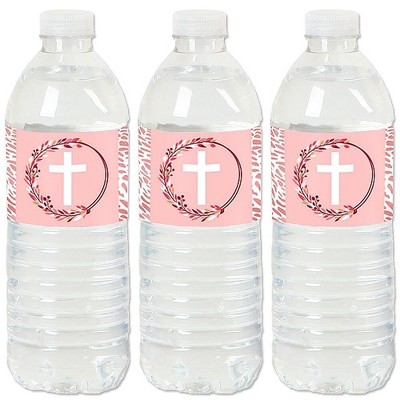 Big Dot of Happiness Pink Elegant Cross - Girl Religious Party Water Bottle Sticker Labels - Set of 20