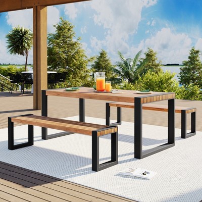 Whisen Outdoor Dining Table With 2 Benches, Patio Dining Set With Unique Top Texture, Acacia Wood Top & Steel Frame