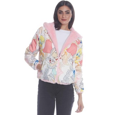 Members Only Womens Plush Faux Rabbit Fur Reversible Bomber Jacket with Looney Tunes Satin Mashup Print Lining