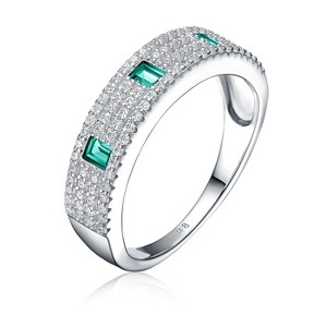 Guili Elegant Sterling Silver Rhodium-Plated Band Ring with Emerald & Cubic Zirconia for a Timeless, Refined Look. Green or Blue, Sizes 6-8. - 1 of 3