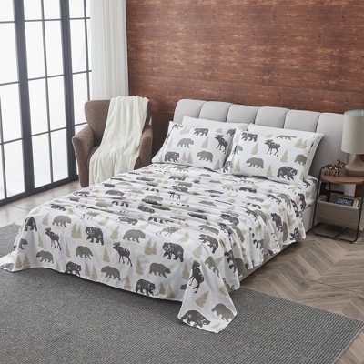 King Size Gray Lodge Bear Print Microfiber Sheet Set
