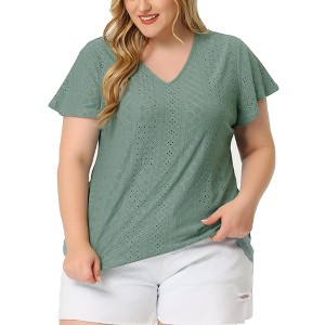 Agnes Orinda Women's Plus Size V Neck Eyelet Short Sleeve Casual Trendy Blouses - 1 of 4