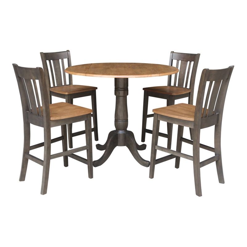 5pc 42&#34; Round Dual Drop Leaf Counter Height Dining Table with 4 Splat Back Stools Hickory/Washed Coal - International Concepts, 1 of 11