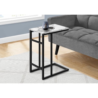 White Marble and Black Metal C-Shaped End Table