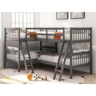 NicBex Twin over Twin Bunk Bed Convertible "L" Shape Quadruple Pine Bed Frame with Guardrails and 2 Inclined Ladders, No Box Spring Required