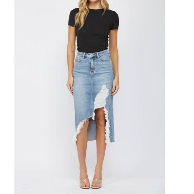 Women's Mic Distressed Midi Skirt - mica denim