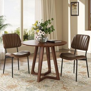 Modern Dining Chairs Set 2 Solid Wood Backrest Upholstered Pu Leather Dining Chairs - 1 of 4