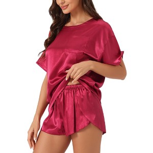 INSPIRE CHIC Women's Lounge Sets Satin Silky Short Sleeve T-shirt with Slit Elastic Shorts Sleepwear Pajama Set - 1 of 4