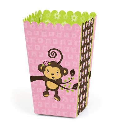 Big Dot of Happiness Pink Monkey Girl - Baby Shower or Birthday Favor Popcorn Treat Boxes - Set of 12