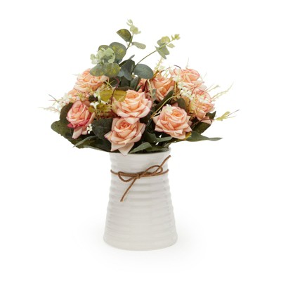 Farmlyn Creek Artificial Flower Arrangements with White Ceramic Vase, Pink Roses & Eucalyptus, Home Décor