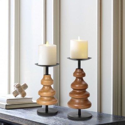 Birch Wood and Black Iron Pillar Candle Holder Set