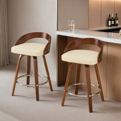 Bar Stools Set of 2, Swivel Bar Height Stools with Low Back, Wood Bar Chairs with Soft Cushion Seat, 25-Inch Seat Height - Leovsnove