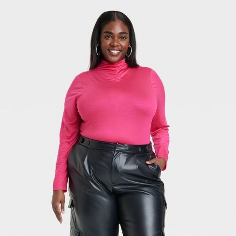 Women's Ruched Mock Turtleneck Long Sleeve T-shirt - A New Day™ Pink 3x :  Target