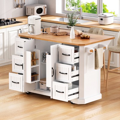 56 inch Kitchen Island with Rubber Wood Veneer Drop Leaf, Power Outlet, 4 Door Shelves, Embossed Vertical Stripe Rolling Kitchen Cart on 4 Wheels