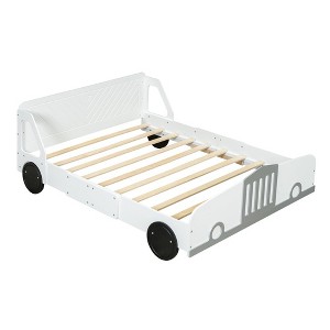 Racecar Bed for Boys, Race Car Bed Car Shaped Platform Bed with Wheels, Headboard and Footboard, Wood Slat Support No Box Spring Needed White Full - 1 of 4
