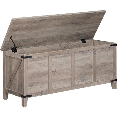MaseiKar Farmhouse Toy Box, 47.2" Storage Bench with Geometric Style Front, Storage Chest, Toy Chest with Metal Accents and Lift Top, for Living Room