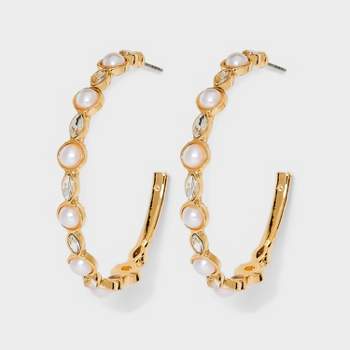 Large Glass Crystal Hoop Earrings  - A New Day™ Gold/ Pearl