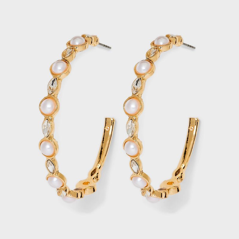 Large Glass Crystal Hoop Earrings  - A New Day&#8482; Gold/ Pearl, 1 of 5