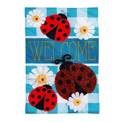 Evergreen Ladybug Plaid Welcome House Linen Flag 28 x 44 Inch Double Sided Durable Outdoor Flag For Homes and Gardens