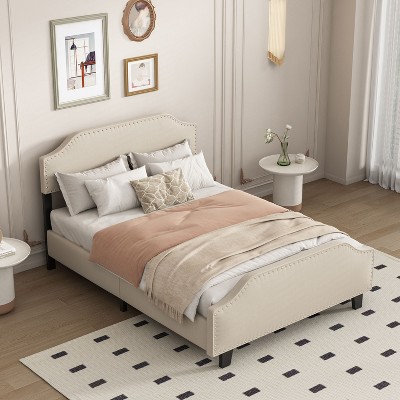 NicBex Queen Size Upholstered Linen Bed Frame with Curved Shape Headboard and Footboard for Kids Teens Adults,Beige