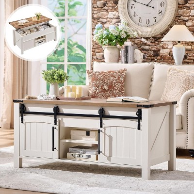SinCiDo Lift Top Coffee Table, Farmhouse 48" Center Table w/ Lifting Platform, Hidden Storage Room, Adjustable Partition, & Arched Sliding Door