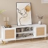 65" Rattan & Marble-Effect TV Stand – Boho-Chic Entertainment Center with Gold Accents, Storage Cabinets & Shelves for Living Room/Bedroom - 3 of 4