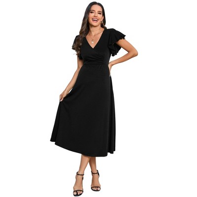 Maternity Dresses Womens Summer Casual Warp V Neck Ruffle Short Sleeve A Line Swing Midi Dress Babyshower Photoshoot
