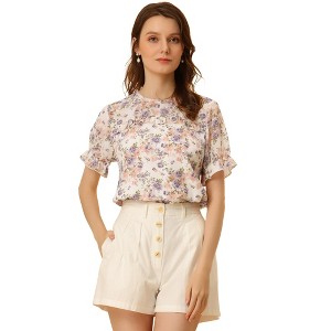 INSPIRE CHIC Women's Chiffon Short Sleeve Ruffled Trim Floral Blouse - 1 of 4