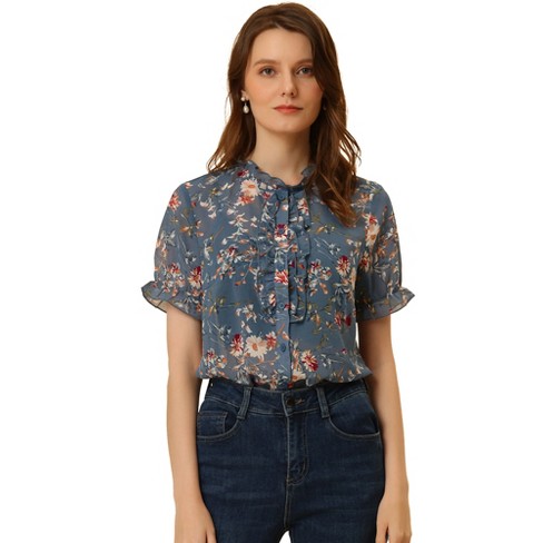 Floral Print Pleated Button Front T-shirt, Casual Ruffle Sleeve T