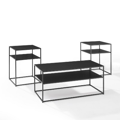 3pc Braxton Coffee and Accent Table Set Matte Black - Crosley: Steel Frame, Open Shelf, Modern Industrial Style