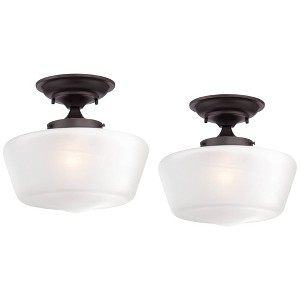 Regency Hill Schoolhouse Rustic Farmhouse Ceiling Light Semi Flush Mount Fixture 12" Set of 2 Bronze Metal White Glass Shade for Bedroom - 1 of 4