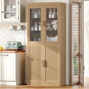 Wooakway 72"H Kitchen Pantry Cabinet with Glass Door and Rattan Door, Storage Shelves, Black - 1 of 4
