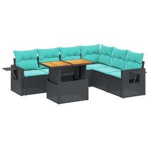 vidaXL 7 Piece Patio Sofa Set with Cushions Poly Rattan - Gray 3x Middle + Table + Corner - 1 of 4