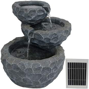 Sunnydaze Outdoor 3-Tier Chiseled Basin Solar Powered Water Fountain with Battery Backup and Submersible Pump - 17"