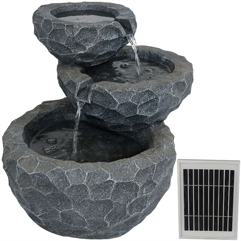 Sunnydaze Outdoor 3-Tier Chiseled Basin Solar Powered Water Fountain with Battery Backup and Submersible Pump - 17", 1 of 14