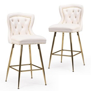 Bencmate Dining Chairs Bar Stools Set of 2, Velvet Counter Height Bar Stools with Metal Legs, Button Tufted, Beige, 17.7"*17.5"*26" - 1 of 4