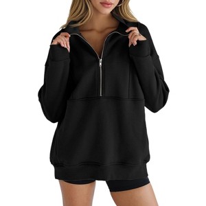 Imily Bela Womens Oversized Fleece Half Zip Stand Collar Long Sleeve Thumb Hole Pullovers with Pockets - 1 of 4