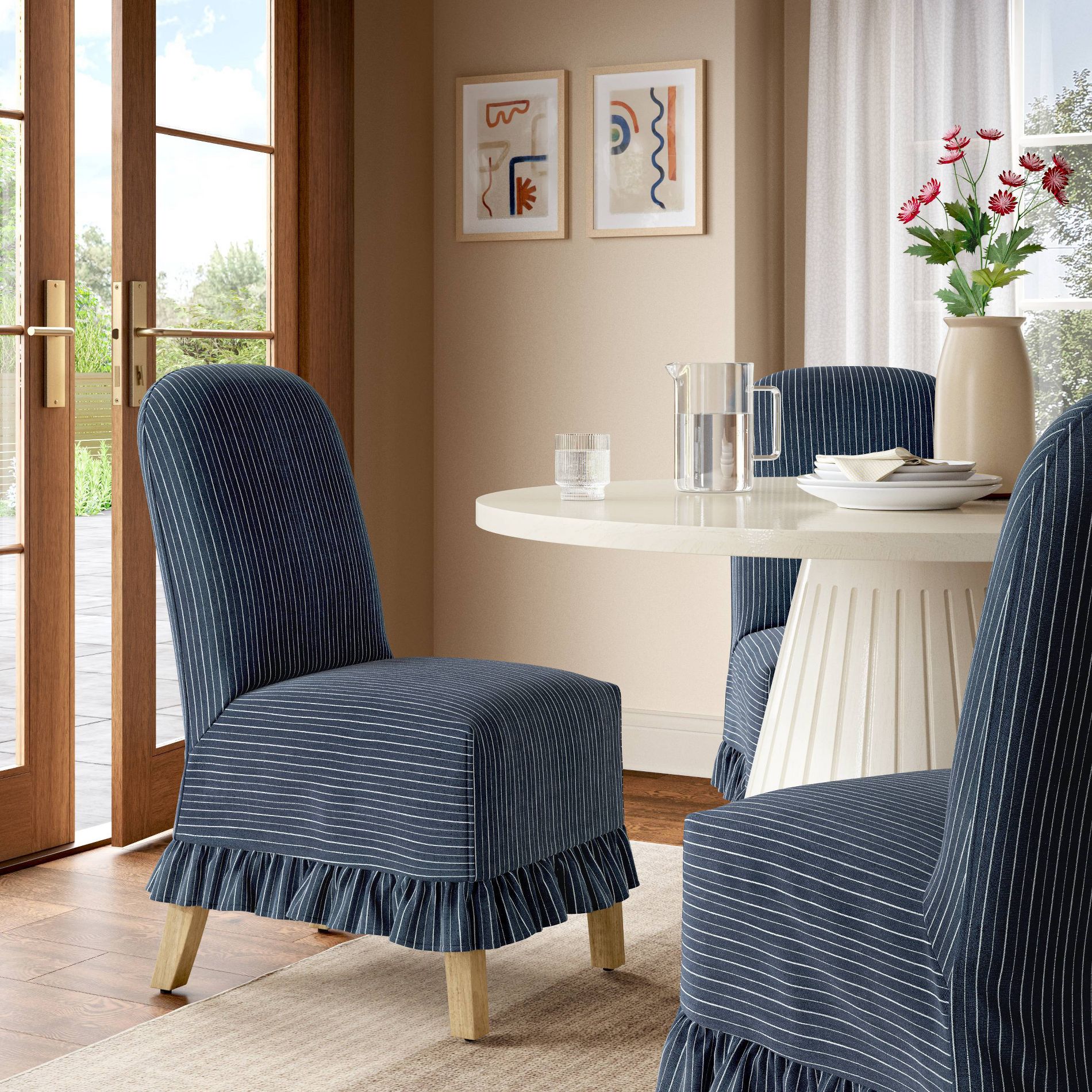 Rounded Back Slipcovered Dining Chair with Ruffle in Pinstripe Navy - Threshold™