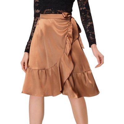 INSPIRE CHIC Women's Ruffle Satin Wrap Tie Waist Asymmetrical Midi Skirt