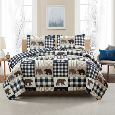 Navy Twin Reversible Microfiber Bear Lodge Quilt Set