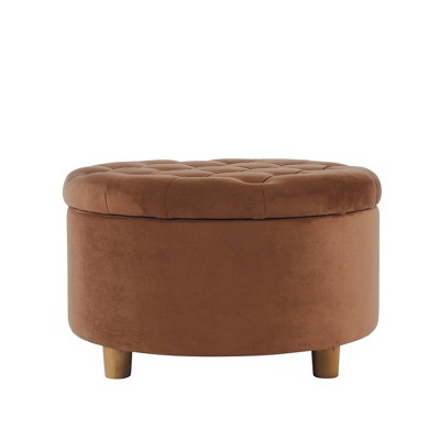 Spice Velvet Round Tufted Storage Ottoman with Oak Legs