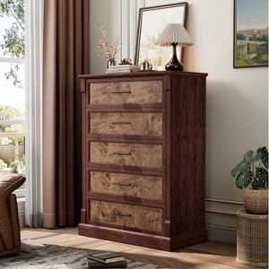 Farmhouse 5-Drawer Dresser w/ Metal Pulls - Rustic Wood Tall Chest for Bedroom, Living Room, Hallway or as TV Stand - 1 of 4
