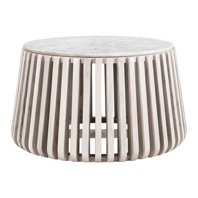 HomeRoots 34" White and Natural Genuine Marble and Wood Round Drum Coffee Table