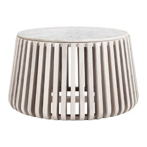 HomeRoots 34" White and Natural Genuine Marble and Wood Round Drum Coffee Table - 1 of 4